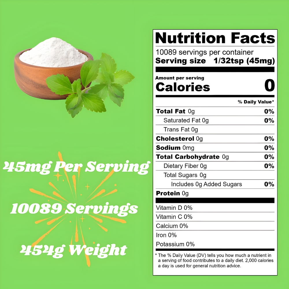 Organic Stevia Extract 200:1 Sweetener, Per Serving 45mg, 10089 Servings, Highest Grade of Stevia, Non-GMO, Vegan, No After-Taste, 454g (1 lbs) Per Bag