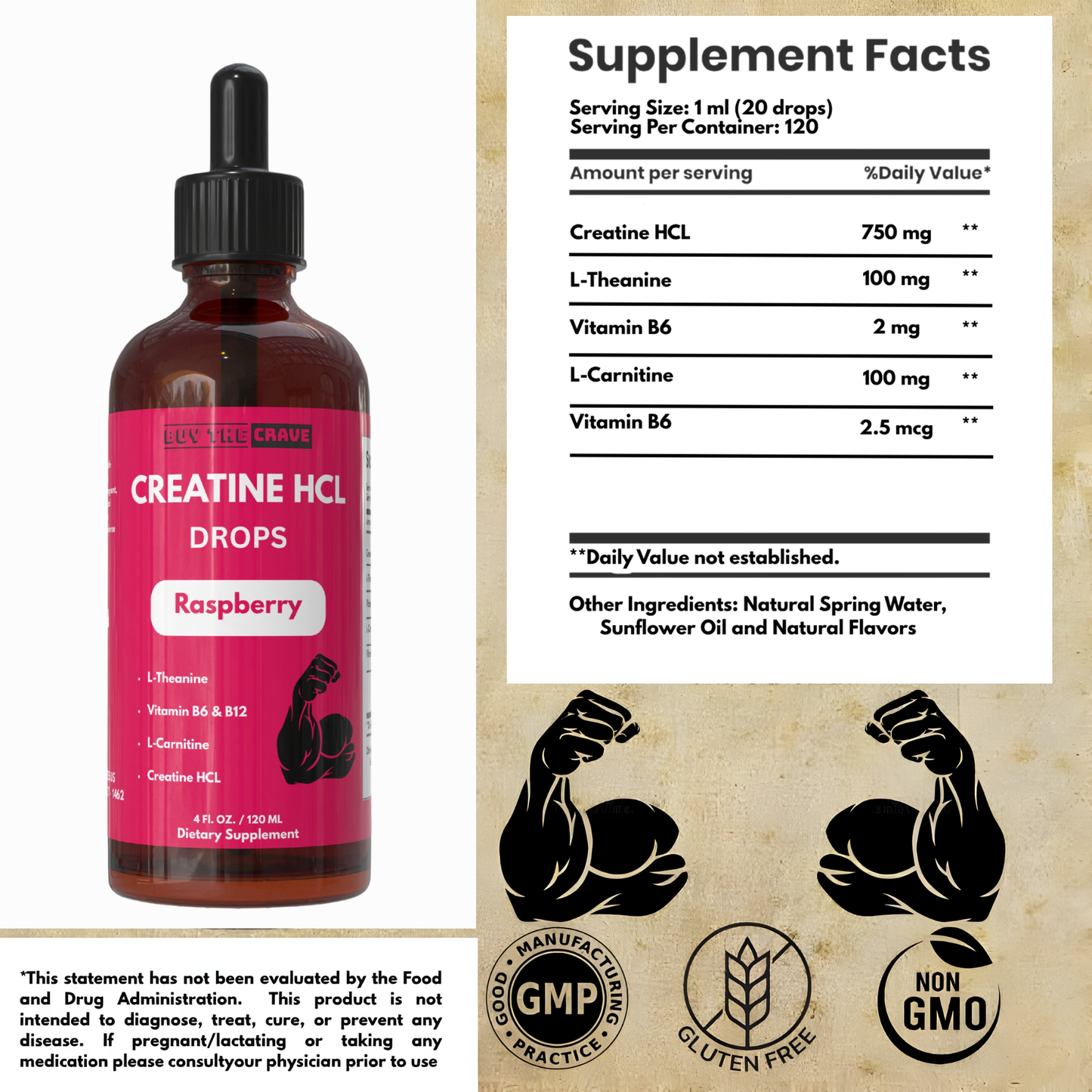 Creatine HCL Liquid Drops for Men & Women - 1000mg Per Serving, L-Theanine, Vitamin B12 & B6, L-Carnitine - High Absorption 4 Fl Oz (120ml) (4 FL OZ, Raspberry)