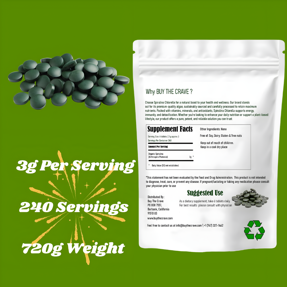 Organic Chlorella Spirulina Tablets, 3000mg Per Serving, 1440 Tablets, Only 1 Ingredient, 50/50 Blend Super Food, Highest Grade Chlorella Spirulina, High Protein & Chlorophyll