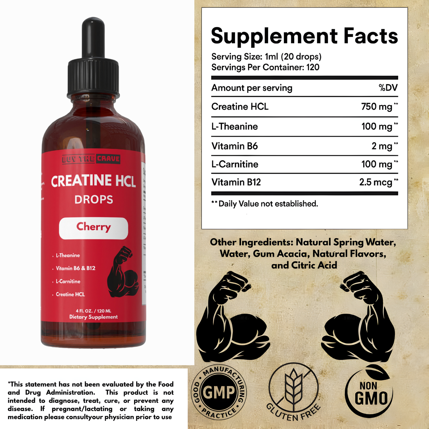 Creatine HCL Liquid Drops for Men & Women - 1000mg Per Serving, L-Theanine, Vitamin B12 & B6, L-Carnitine - High Absorption 4 Fl Oz (120ml) (4 FL OZ, Cherry)