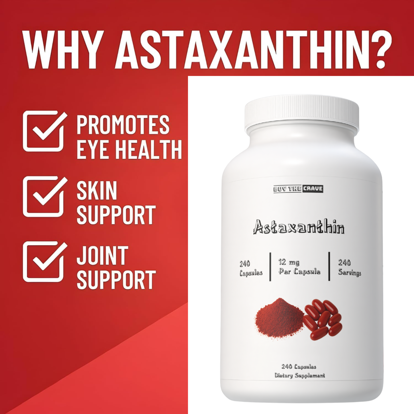Astaxanthin 12mg Each Capsule, Extra Strength - Astaxanthin Supplements, Antioxidant Source - Gluten Free, 240 Count, 120 Servings