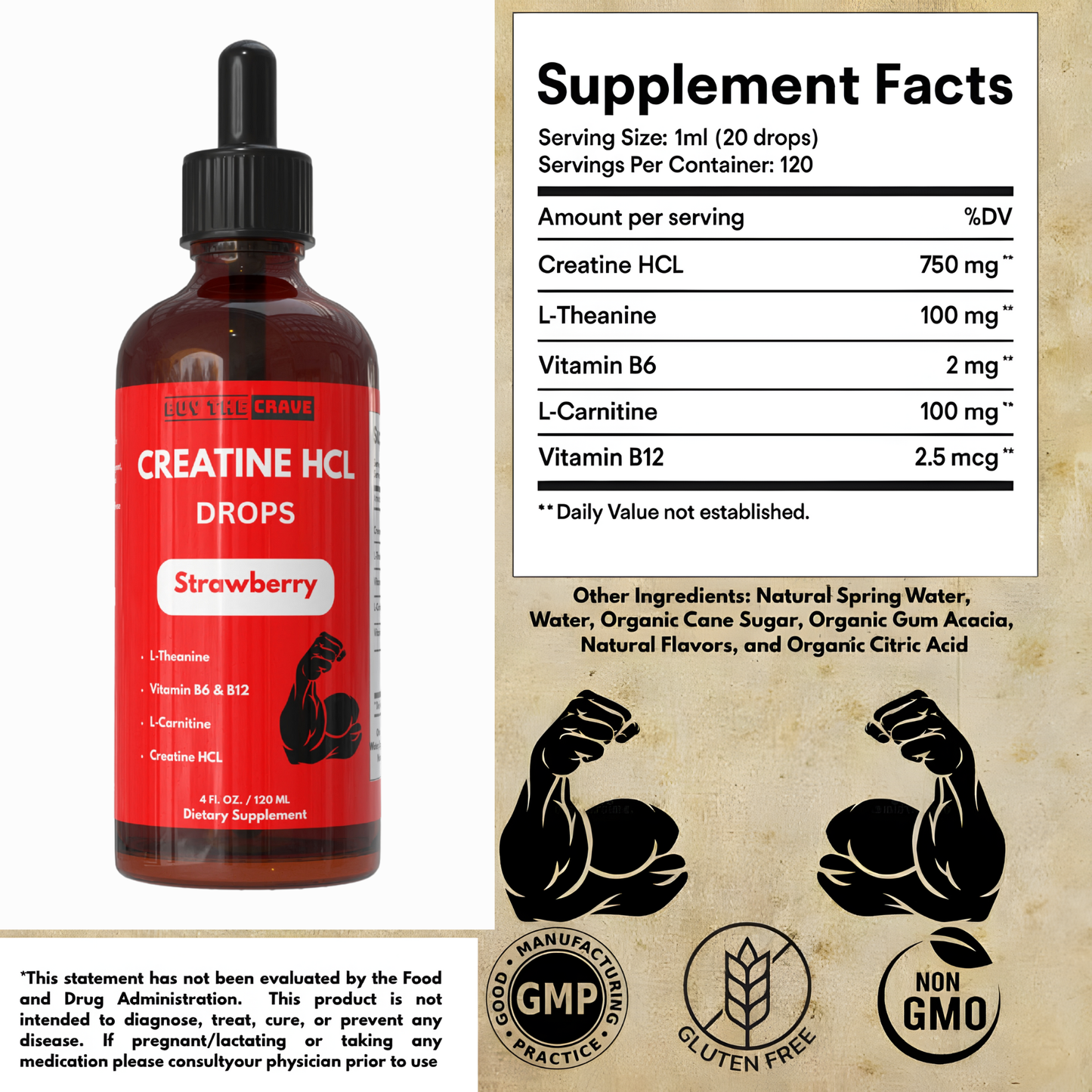 Creatine HCL Liquid Drops for Men & Women - 1000mg Per Serving, L-Theanine, Vitamin B12 & B6, L-Carnitine - High Absorption 4 Fl Oz (120ml) (4 FL OZ, Strawberry)