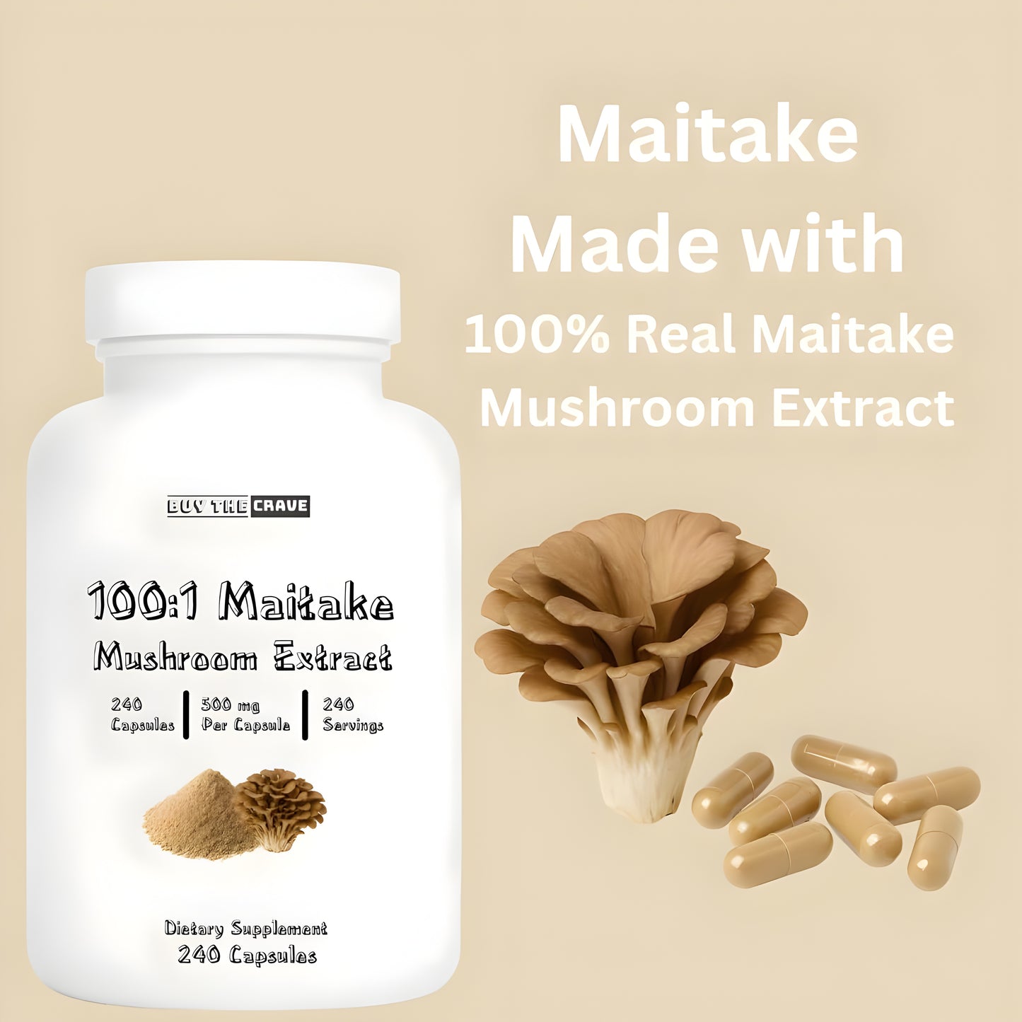 Freeze-Dried Maitake Mushroom 100:1 Extract Capsules – 500 mg, 240 Count (240 Servings) – Immune Support, Antioxidant-Rich, Non-GMO, Gluten-Free Dietary Supplement