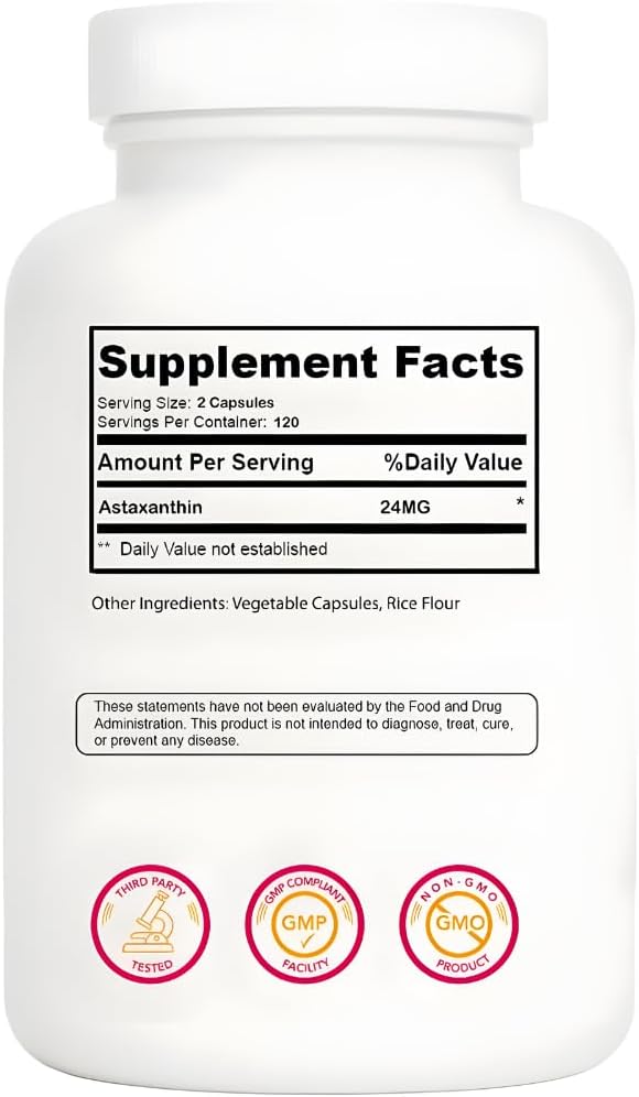 Astaxanthin 12mg Each Capsule, Extra Strength - Astaxanthin Supplements, Antioxidant Source - Gluten Free, 240 Count, 120 Servings
