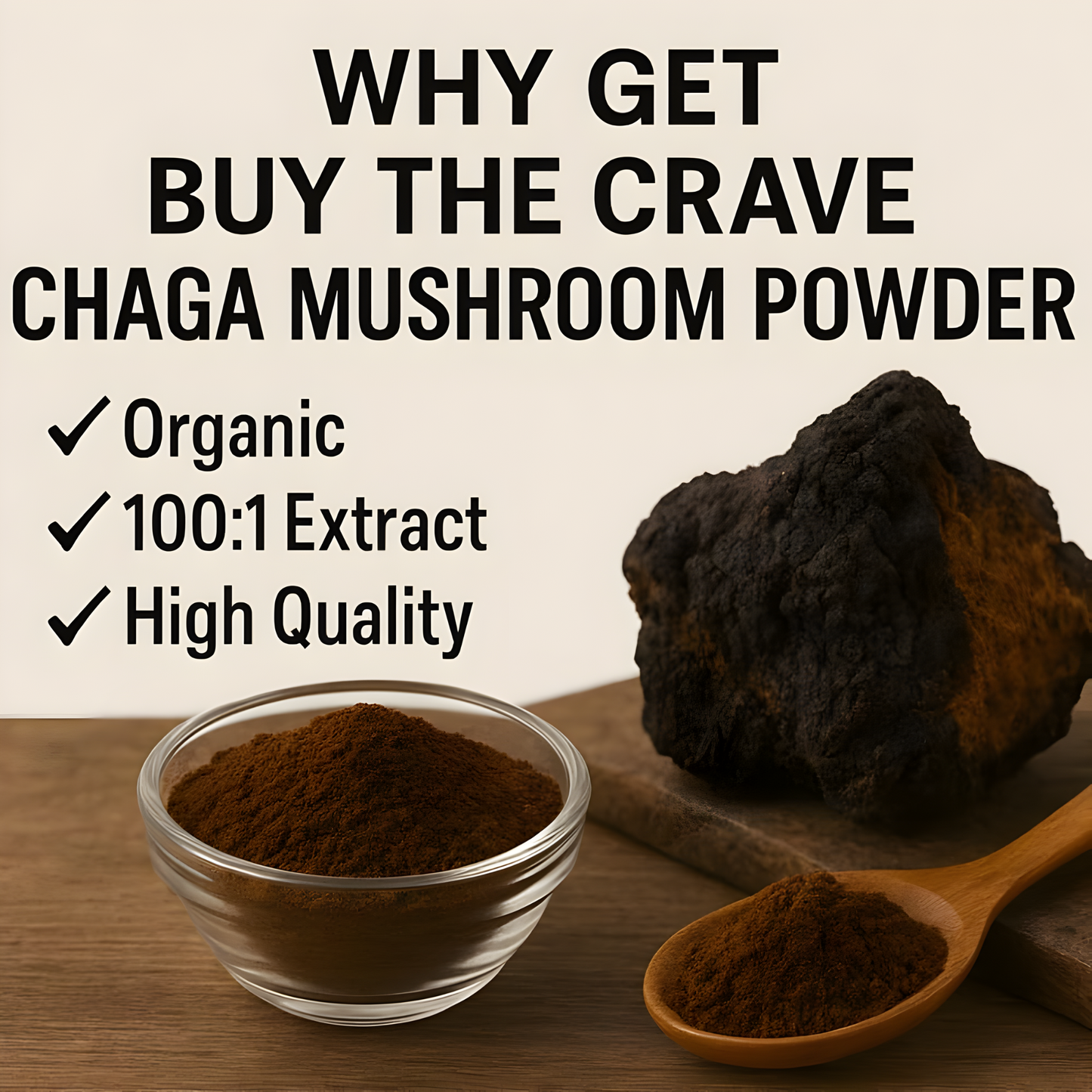 Organic Freeze-Dried Chaga Mushroom Extract Powder 100:1 Concentrate, 6 Ounces (170g), 340 Servings, Wild-Harvested Fruit Body, Dual-Phase Extraction, Vegan, Non-GMO, Gluten-Free