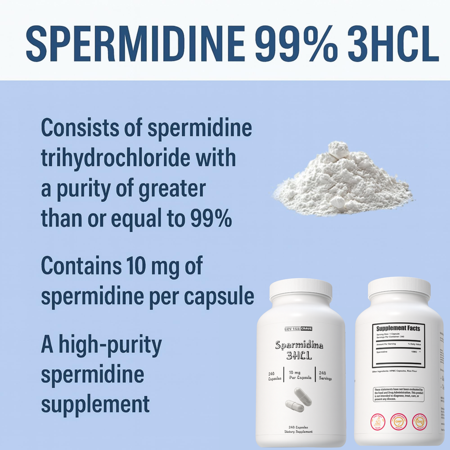 Spermidine 3HCL 99% Supplement – 10 mg per Serving – Plant-Based Formula for Cellular Function, Longevity & Autophagy Support – 240 Capsules – Vegan, Non-GMO