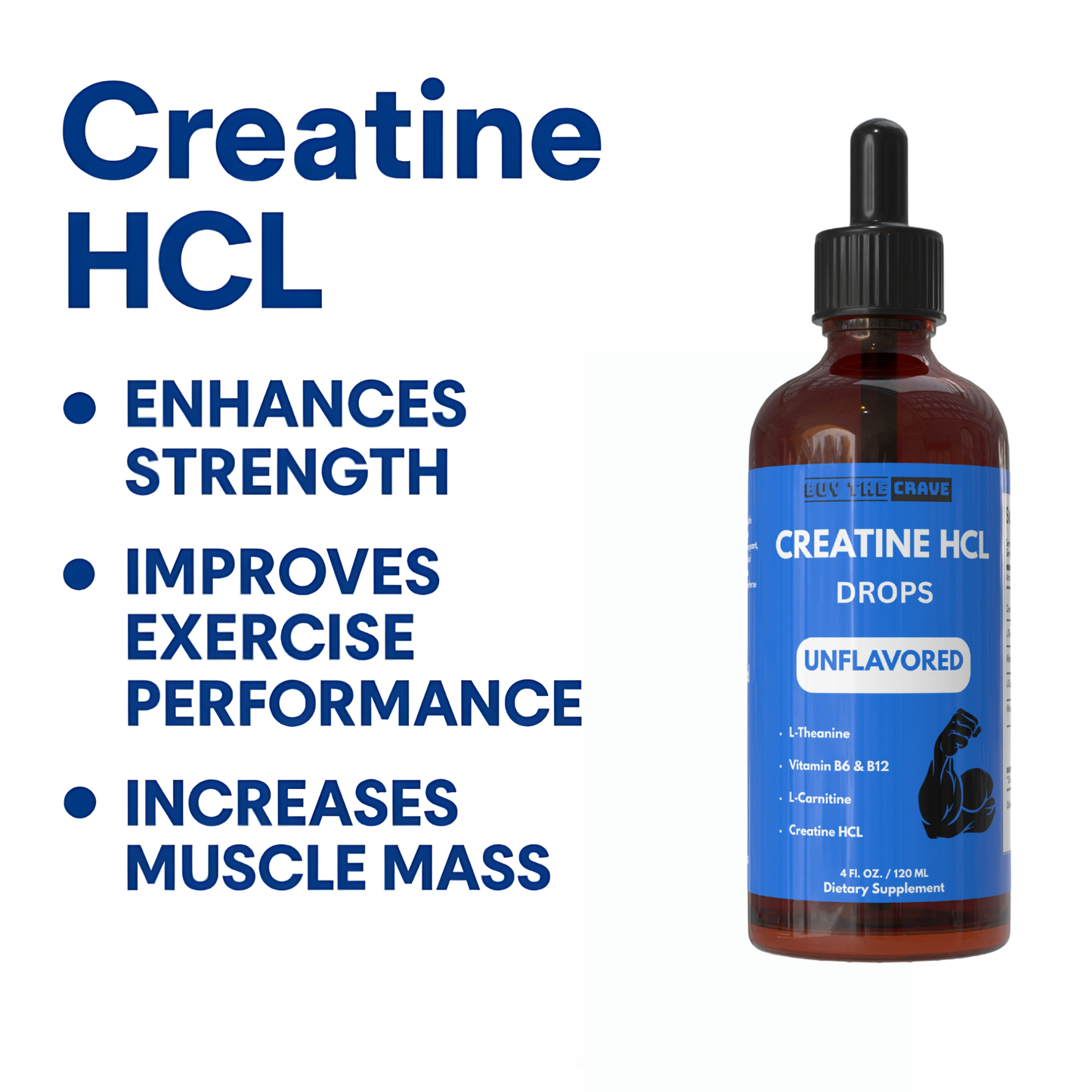 Creatine HCL Liquid Drops for Men & Women - 1000mg Per Serving, L-Theanine, Vitamin B12 & B6, L-Carnitine - High Absorption 4 Fl Oz (120ml) (4 FL OZ, Unflavored)