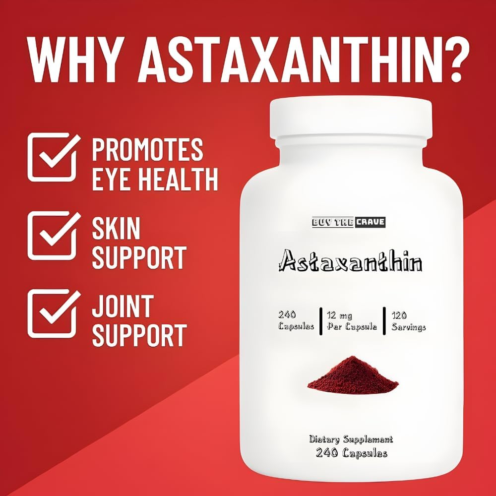 Astaxanthin 12mg Each Capsule, Extra Strength - Astaxanthin Supplements, Antioxidant Source - Gluten Free, 240 Count, 120 Servings