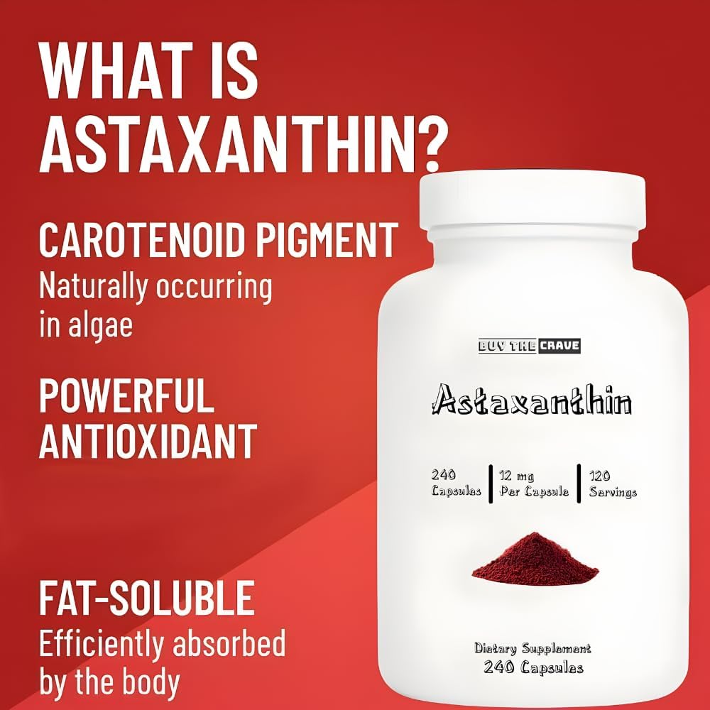 Astaxanthin 12mg Each Capsule, Extra Strength - Astaxanthin Supplements, Antioxidant Source - Gluten Free, 240 Count, 120 Servings