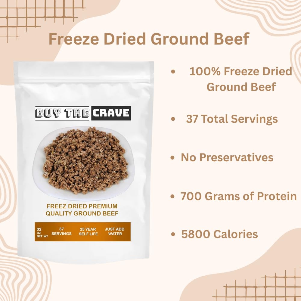 Freeze Dried USDA Ground Beef | Survival Emergency Food Supply, Meal Prep, MRE | Made in USA | Shelf Live 25+ Years | 32 Oz