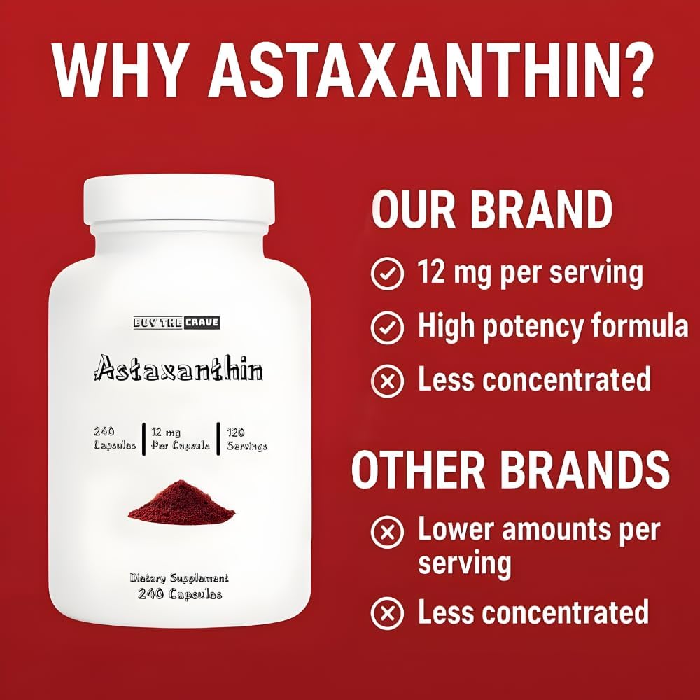 Astaxanthin 12mg Each Capsule, Extra Strength - Astaxanthin Supplements, Antioxidant Source - Gluten Free, 240 Count, 120 Servings
