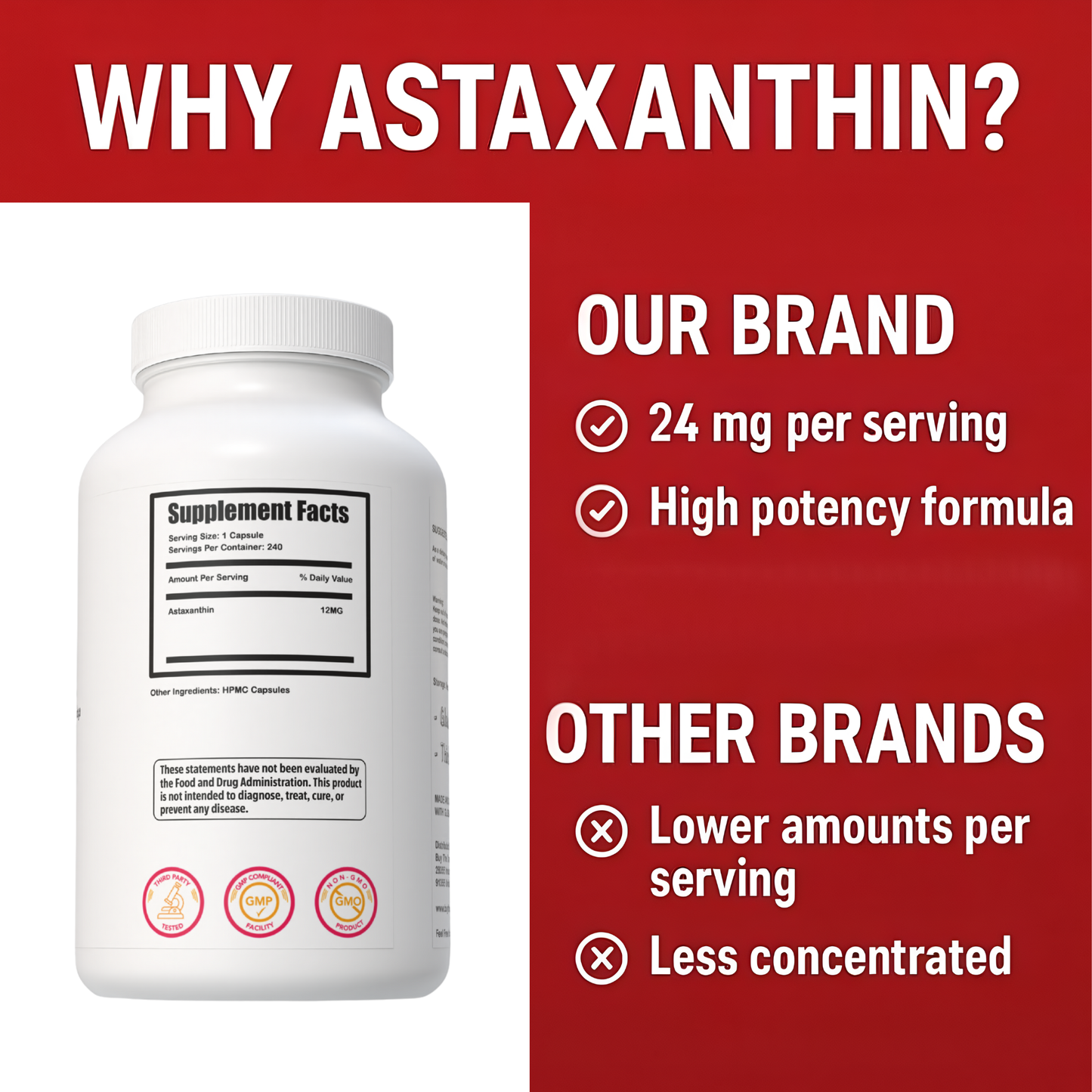 Astaxanthin 12mg Each Capsule, Extra Strength - Astaxanthin Supplements, Antioxidant Source - Gluten Free, 240 Count, 120 Servings